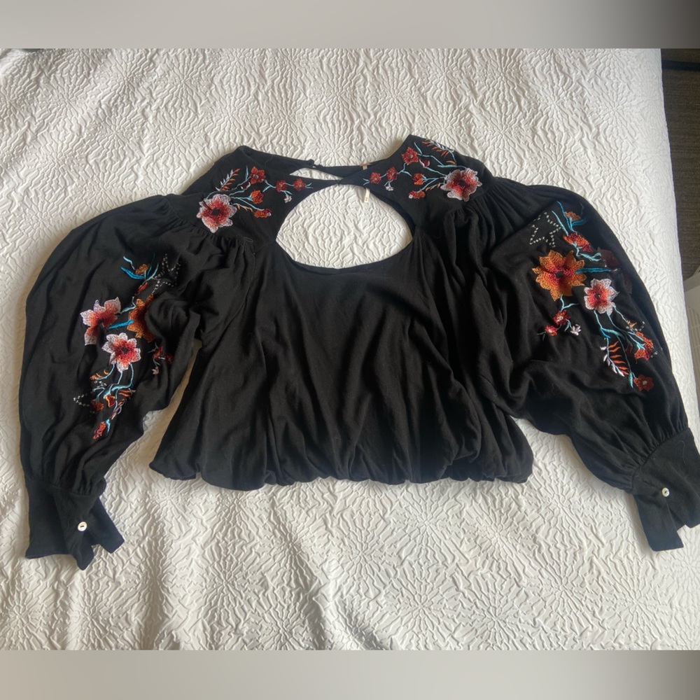Free People cropped embroidered peel-a-boo top